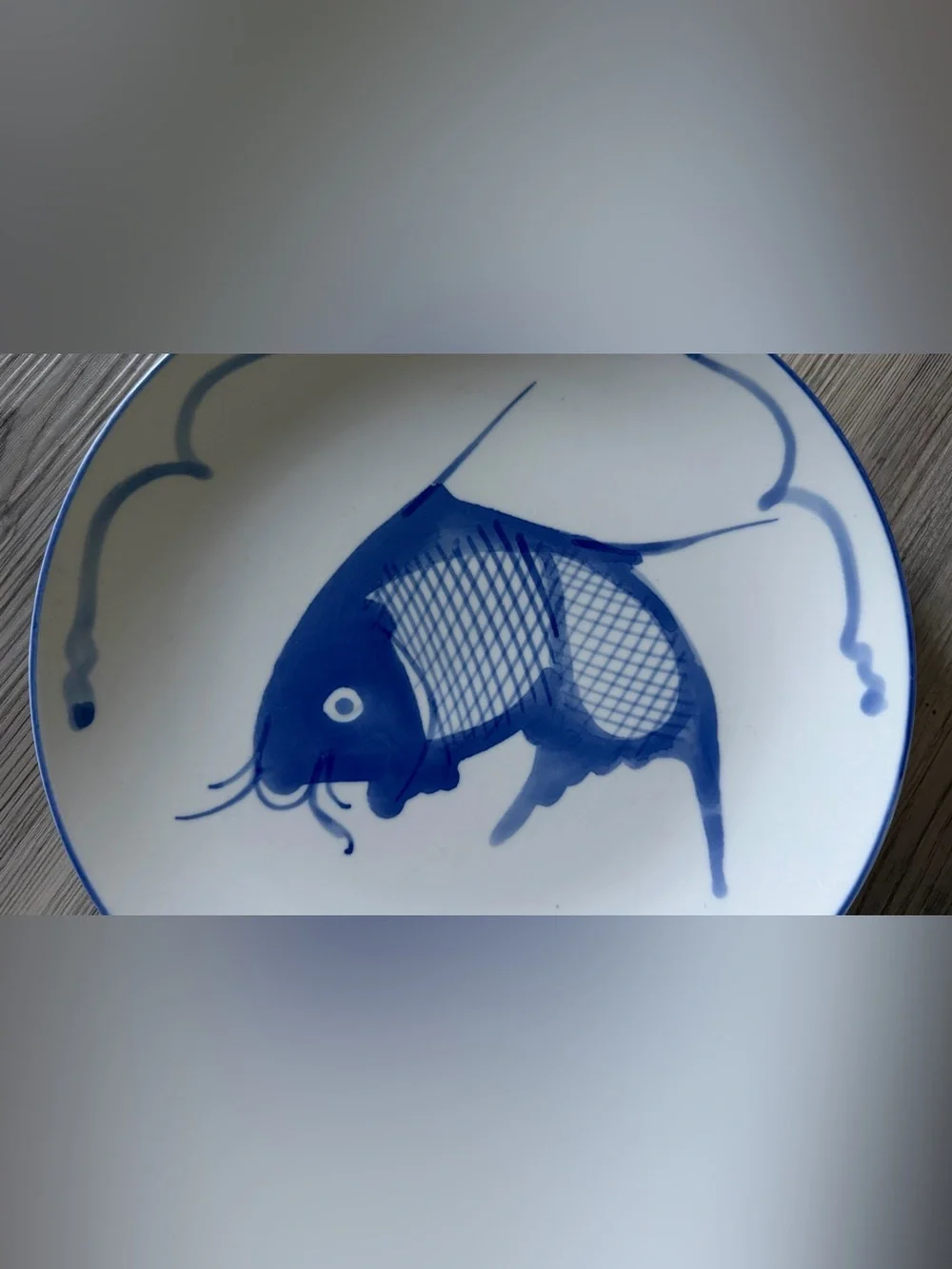 Vintage Blue/White Porcelain Chinese Koi Fish Shallow Plate Handpainted 9”
